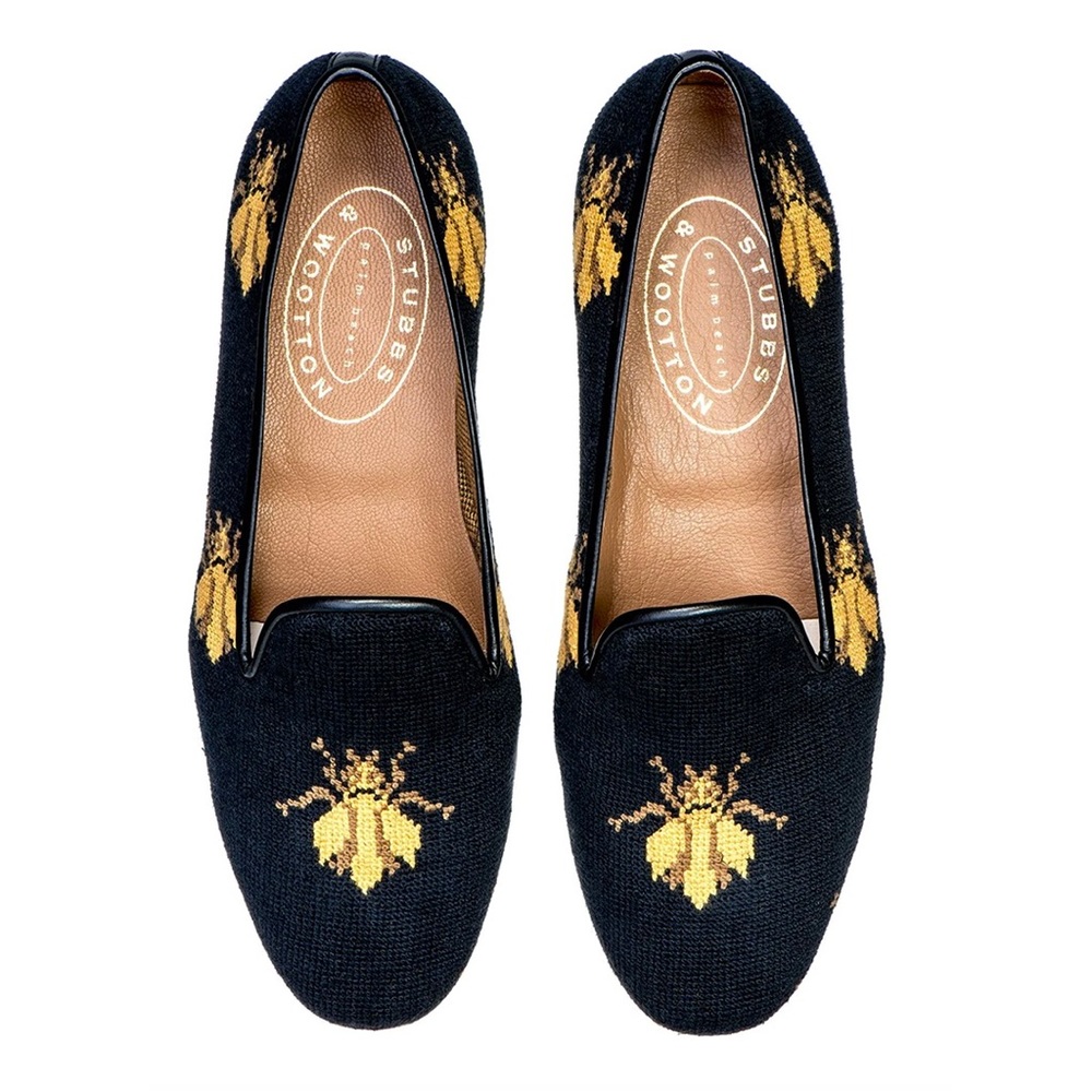 Stubbs & Wootton | Bee Needlepoint Black Classic Slippers | 7.5